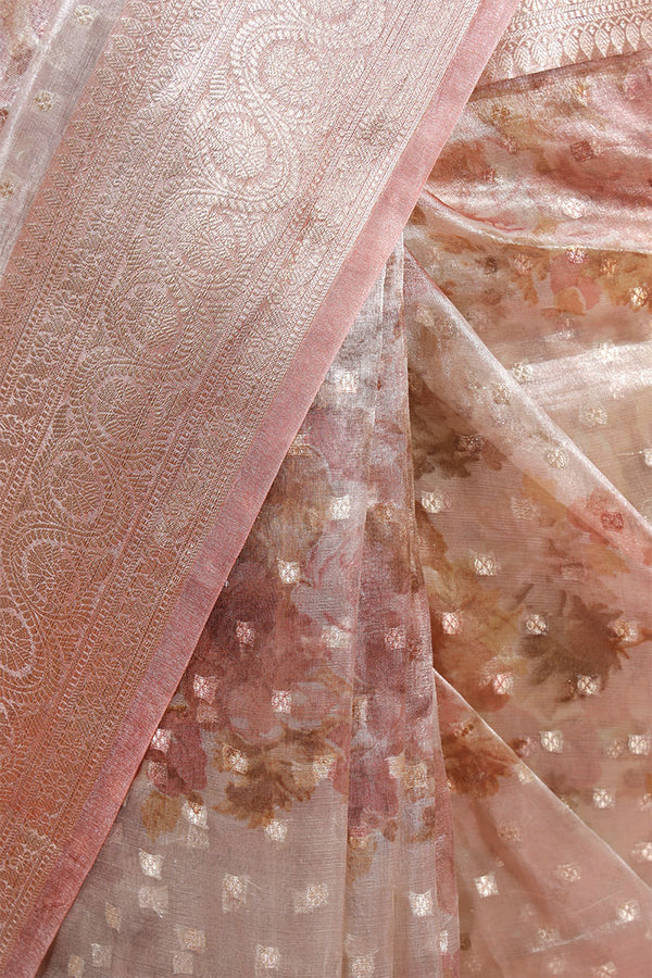 Gold Peach Floral Printed Tissue Silk Saree