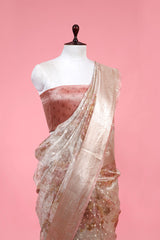 Gold Peach Floral Printed Tissue Silk Saree