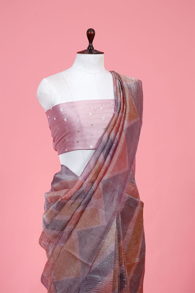 Rust Mauve Geometrical Printed Tissue Slk Saree