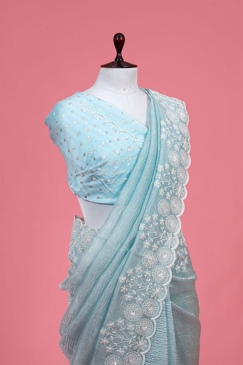 Floral Embellished Crushed Tissue Silk Saree