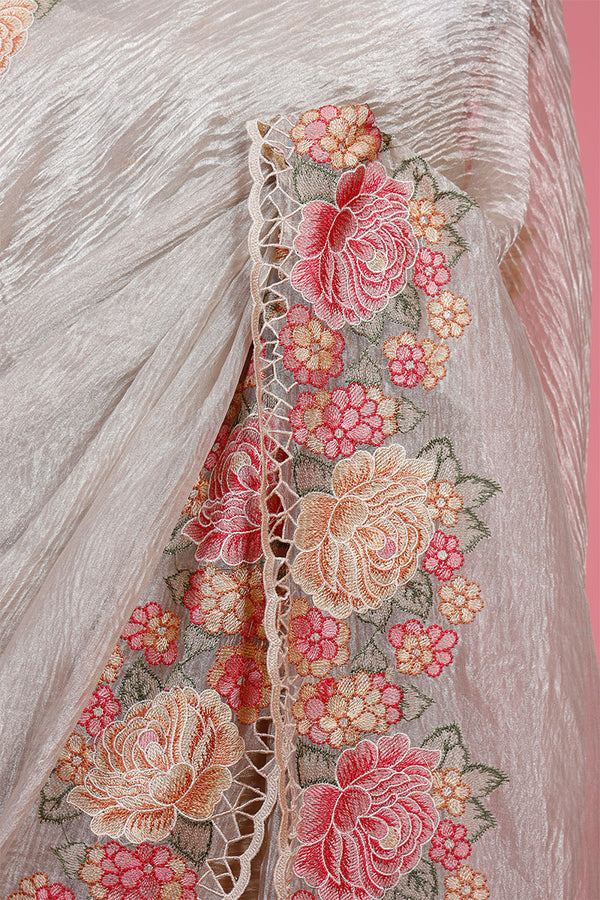 Off White Embroidered Crushed Tissue Silk saree