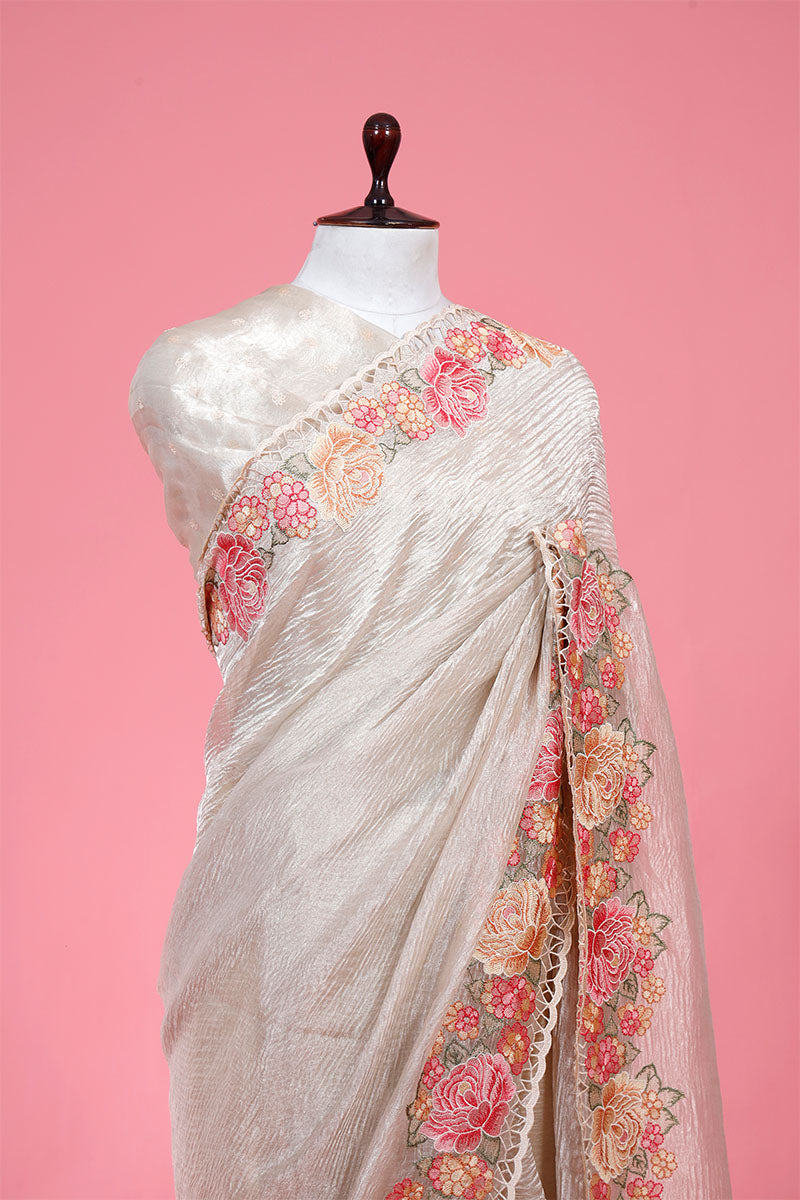 Off White Embroidered Crushed Tissue Silk saree