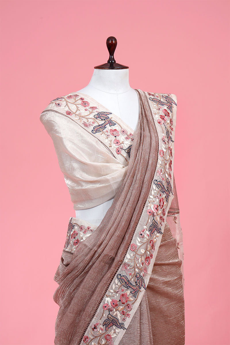 Cocoa Brown Embroidered Crushed Tissue Silk Saree