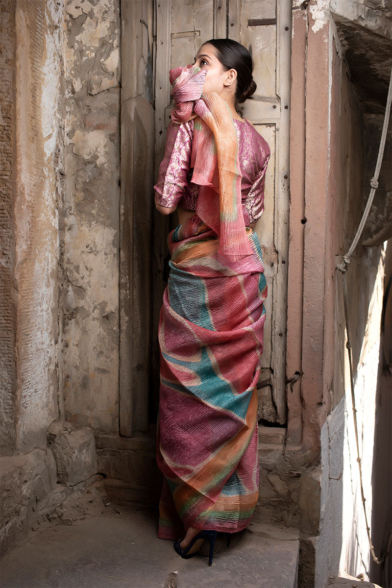 Multicolored Crushed Tissue Silk Saree