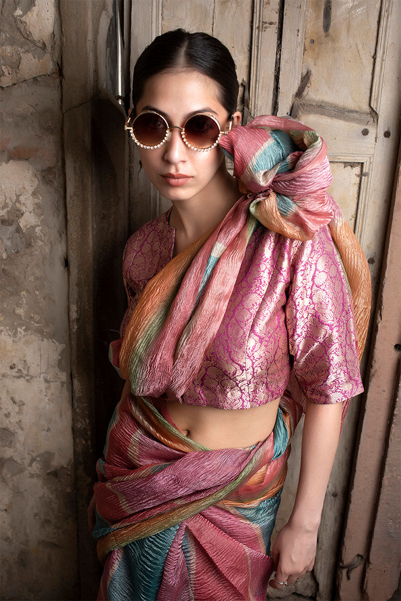 Multicolored Crushed Tissue Silk Saree