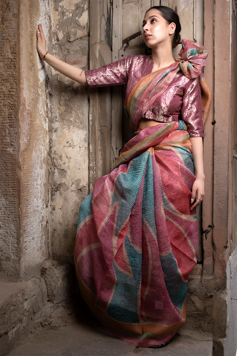 Multicolored Crushed Tissue Silk Saree