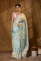 sky blue saree, Tissue silk saree, Bollywood sari, wedding saree, party wear saree