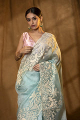 Sky Blue Crush Tissue Silk Saree with Birds Woven Floral Border