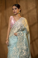 Sky Blue Crush Tissue Silk Saree with Birds Woven Floral Border