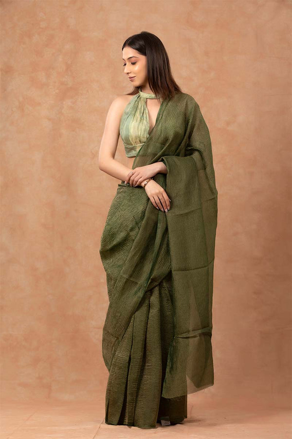 Bottle Green Crushed Tissue Silk Saree