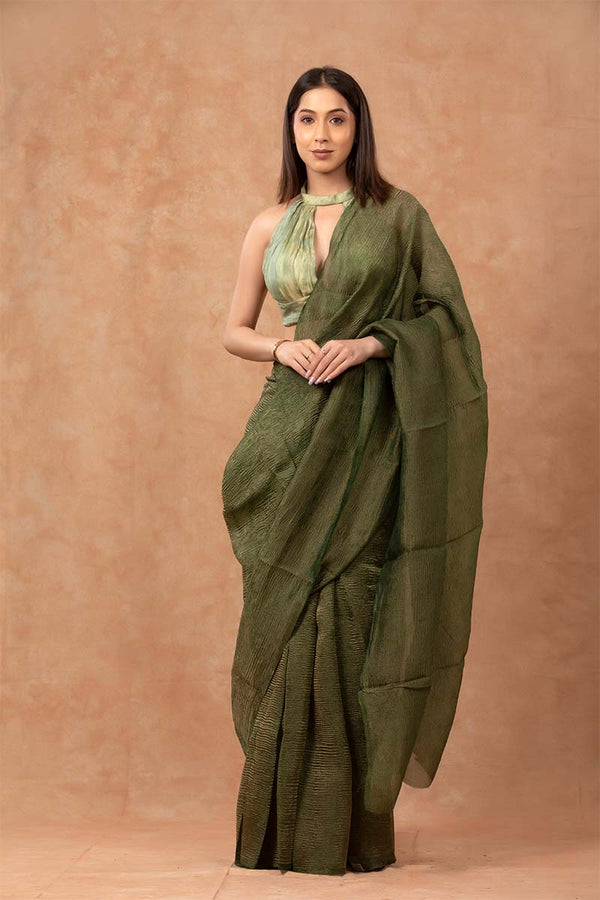 Bottle Green Crushed Tissue Silk Saree