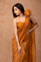 Mustard Yellow Crushed Tissue Silk Saree