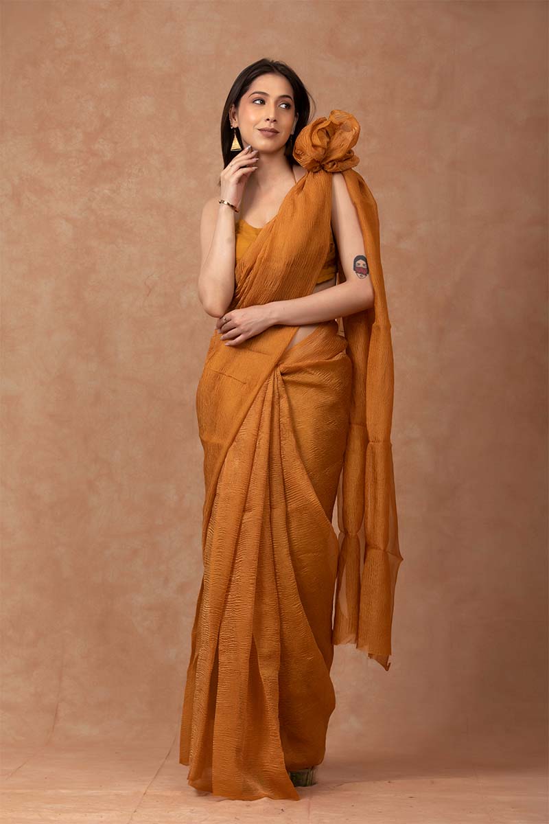 Mustard Yellow Crushed Tissue Silk Saree