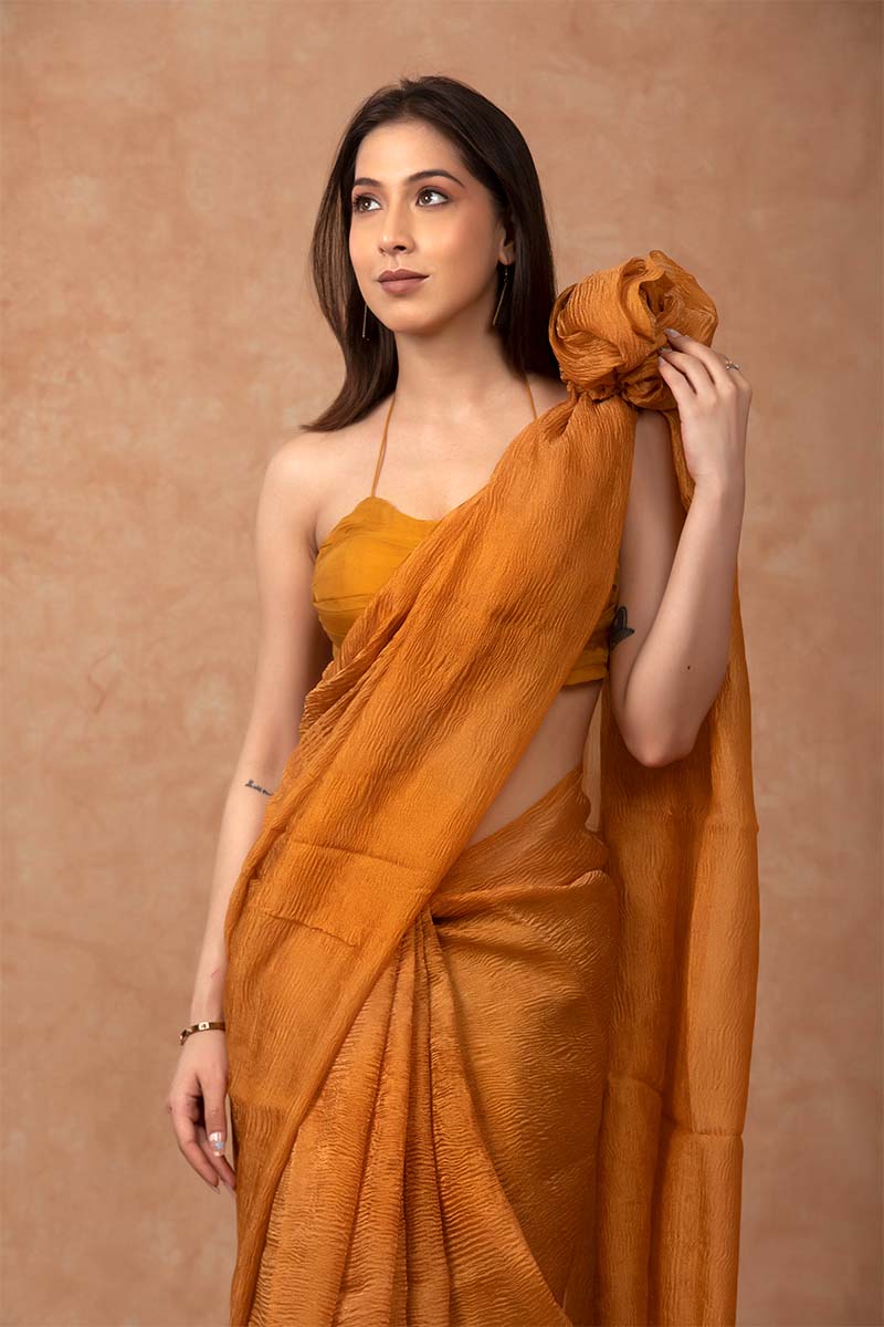 Mustard Yellow Crushed Tissue Silk Saree