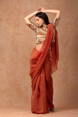 Brick Red Crushed Tissue Silk Saree