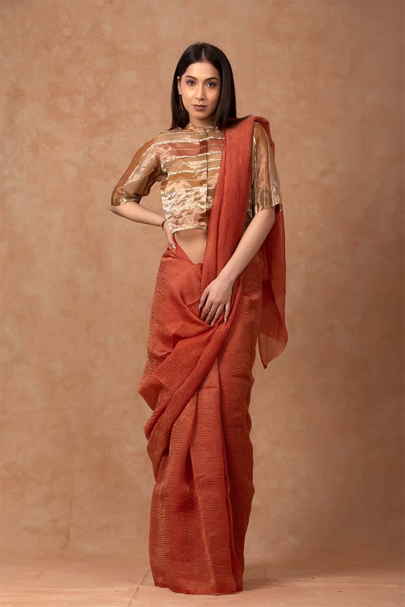 Brick Red Crushed Tissue Silk Saree