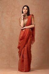 Brick Red Crushed Tissue Silk Saree