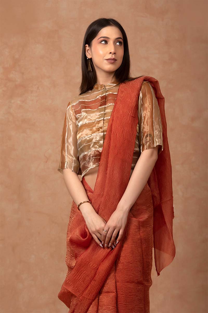 Brick Red Crushed Tissue Silk Saree