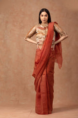 Brick Red Crushed Tissue Silk Saree