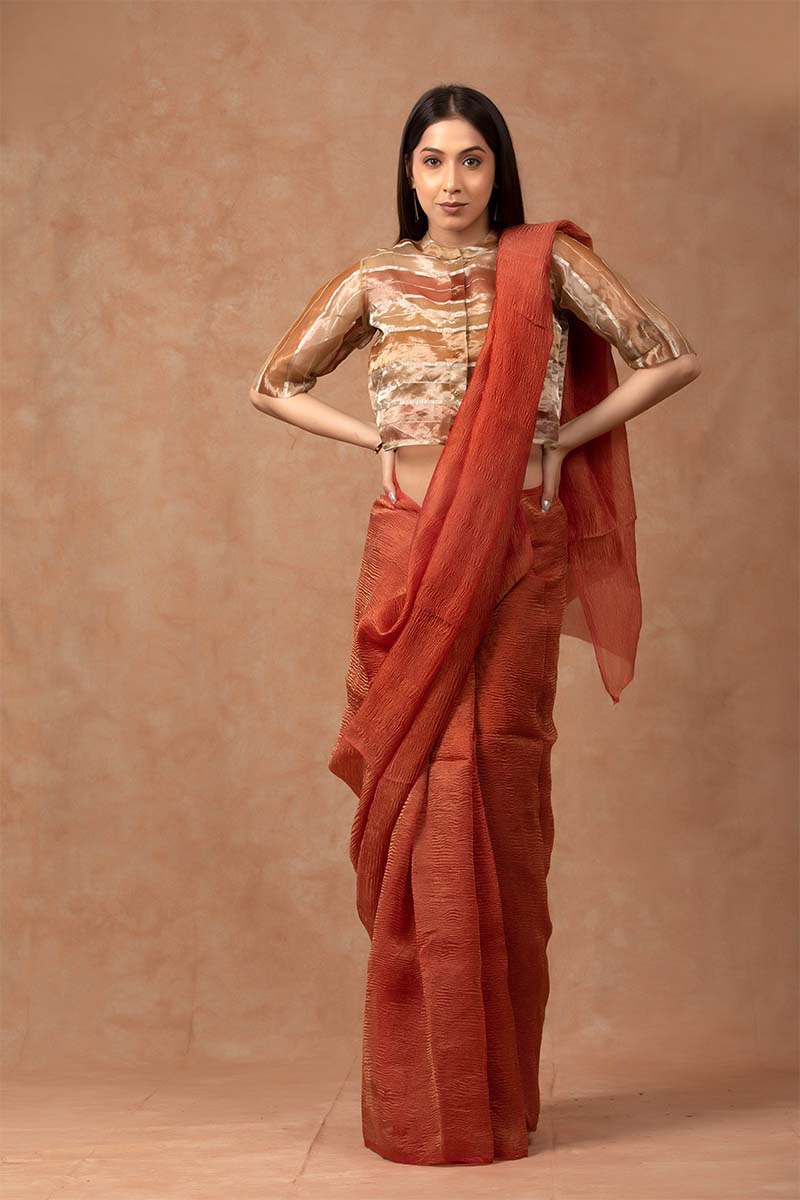 Brick Red Crushed Tissue Silk Saree