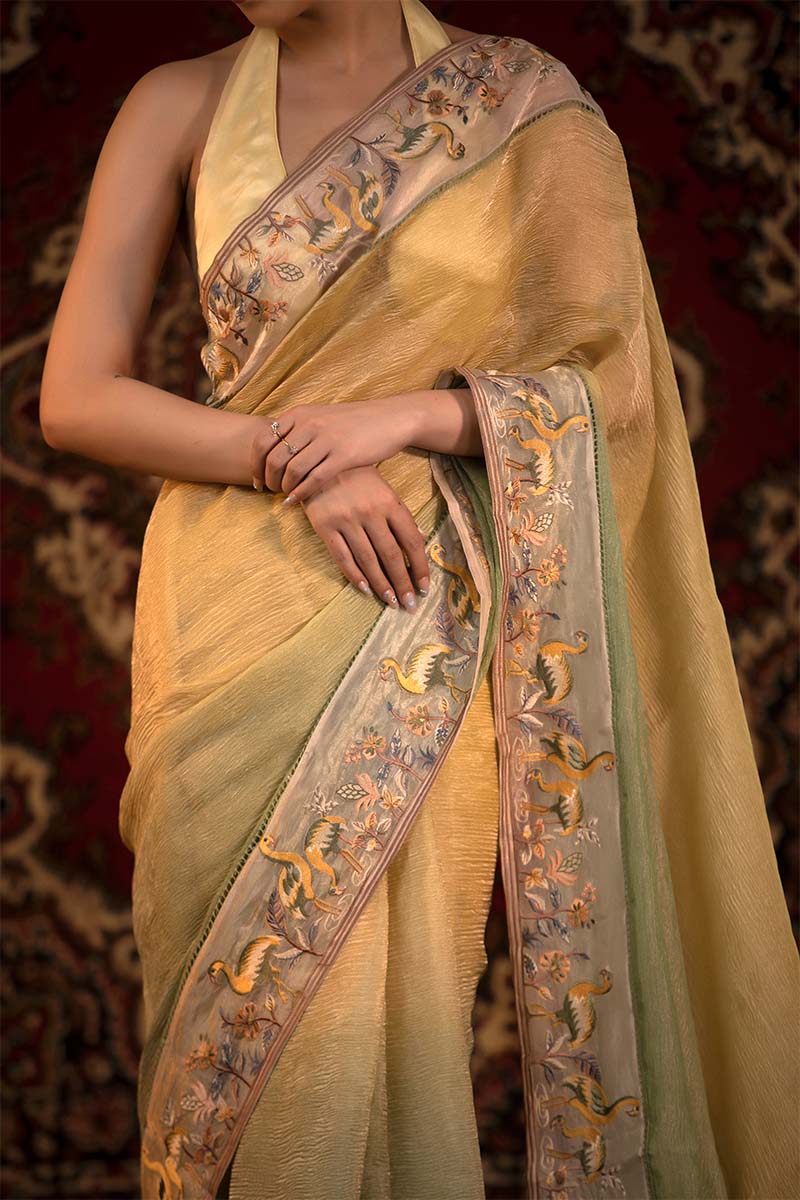 Yellow & Green Shaded Crushed Tissue Silk Saree