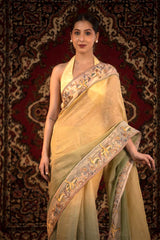 Yellow & Green Shaded Crushed Tissue Silk Saree