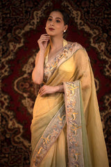 Yellow & Green Shaded Crushed Tissue Silk Saree