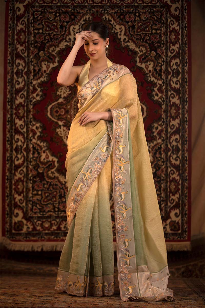 Yellow & Green Shaded Crushed Tissue Silk Saree