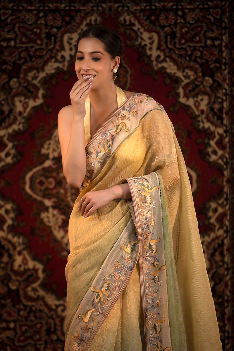 Yellow & Green Shaded Crushed Tissue Silk Saree