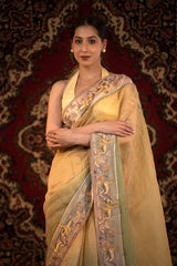 Yellow & Green Shaded Crushed Tissue Silk Saree