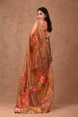 Metallic Orange Handpainted Tissue Silk Saree