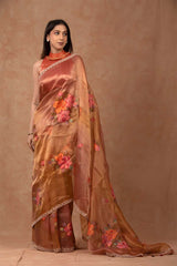 Metallic Orange Handpainted Tissue Silk Saree