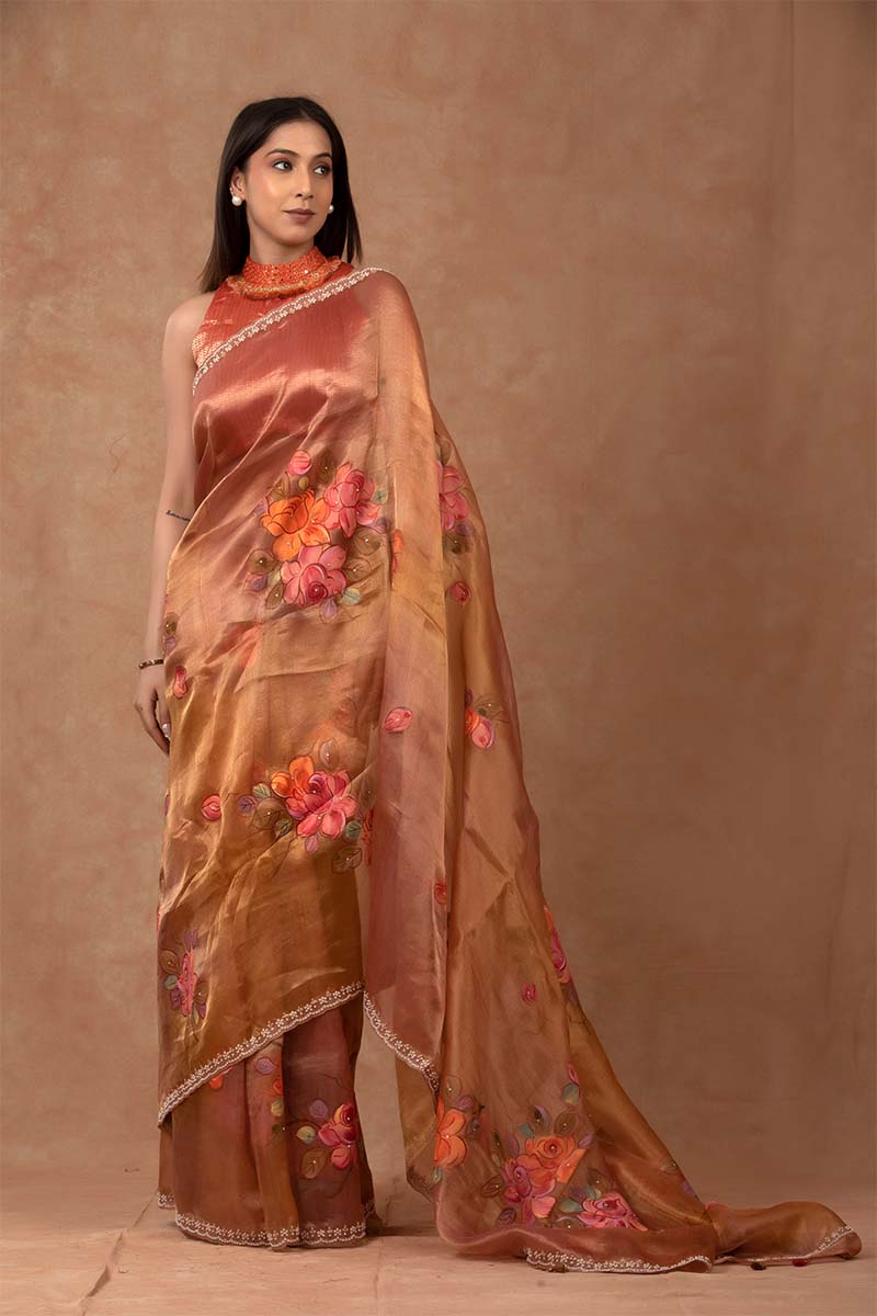 Metallic Orange Handpainted Tissue Silk Saree