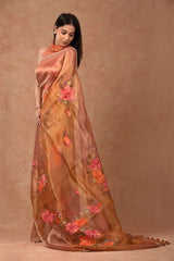 Metallic Orange Handpainted Tissue Silk Saree