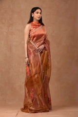 Metallic Orange Handpainted Tissue Silk Saree