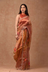 Metallic Orange Handpainted Tissue Silk Saree