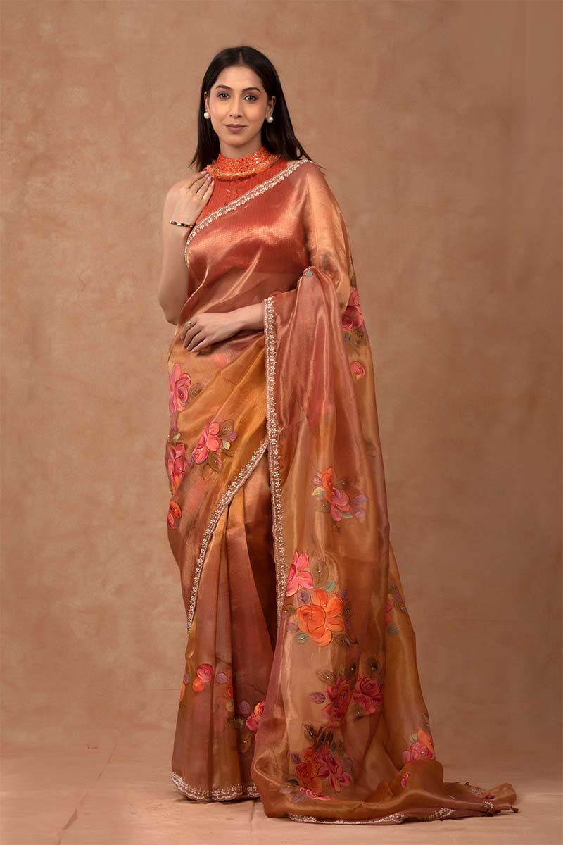 Metallic Orange Handpainted Tissue Silk Saree