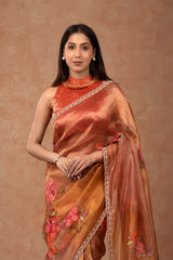 Metallic Orange Handpainted Tissue Silk Saree