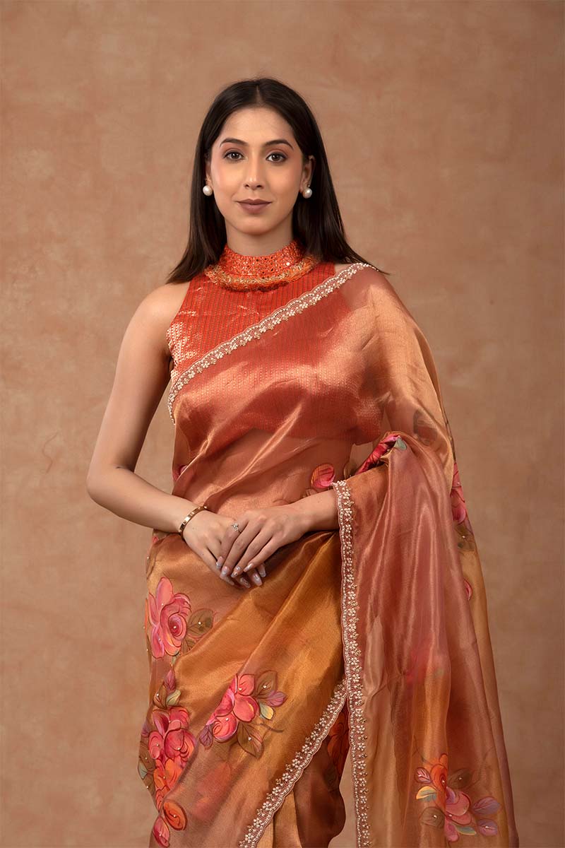 Metallic Orange Handpainted Tissue Silk Saree