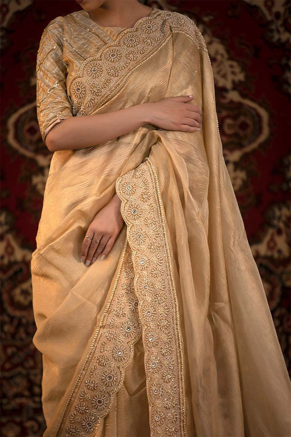 Gold Embellished Crushed Tissue Silk Saree