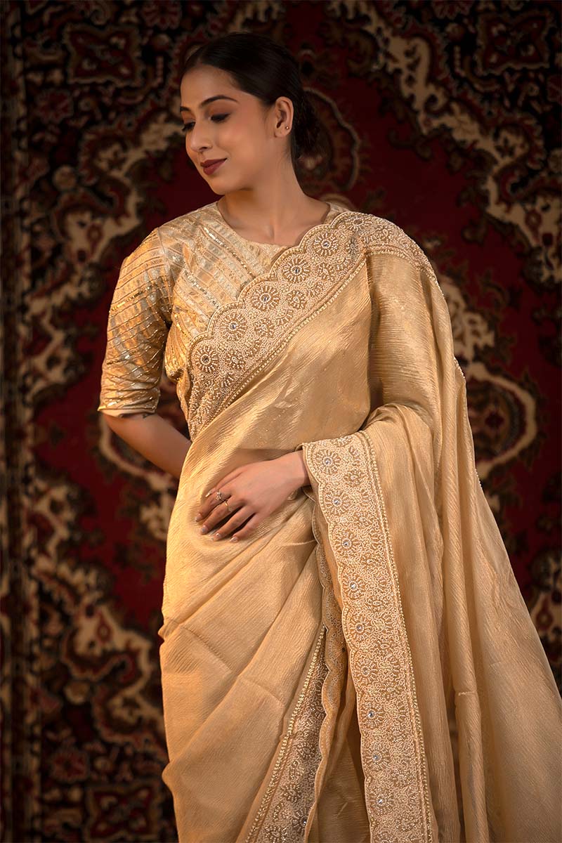 Gold Embellished Crushed Tissue Silk Saree