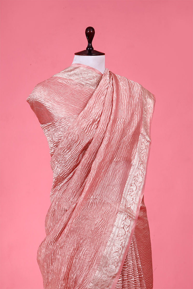 Light Pink Woven Pure Crushed Tissue Silk Saree