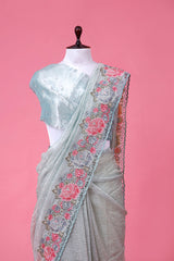 Powder Blue Embroidered Crushed Tissue Silk Saree