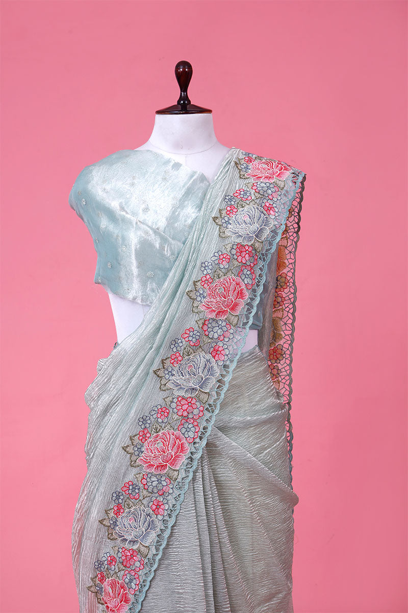 Powder Blue Embroidered Crushed Tissue Silk Saree