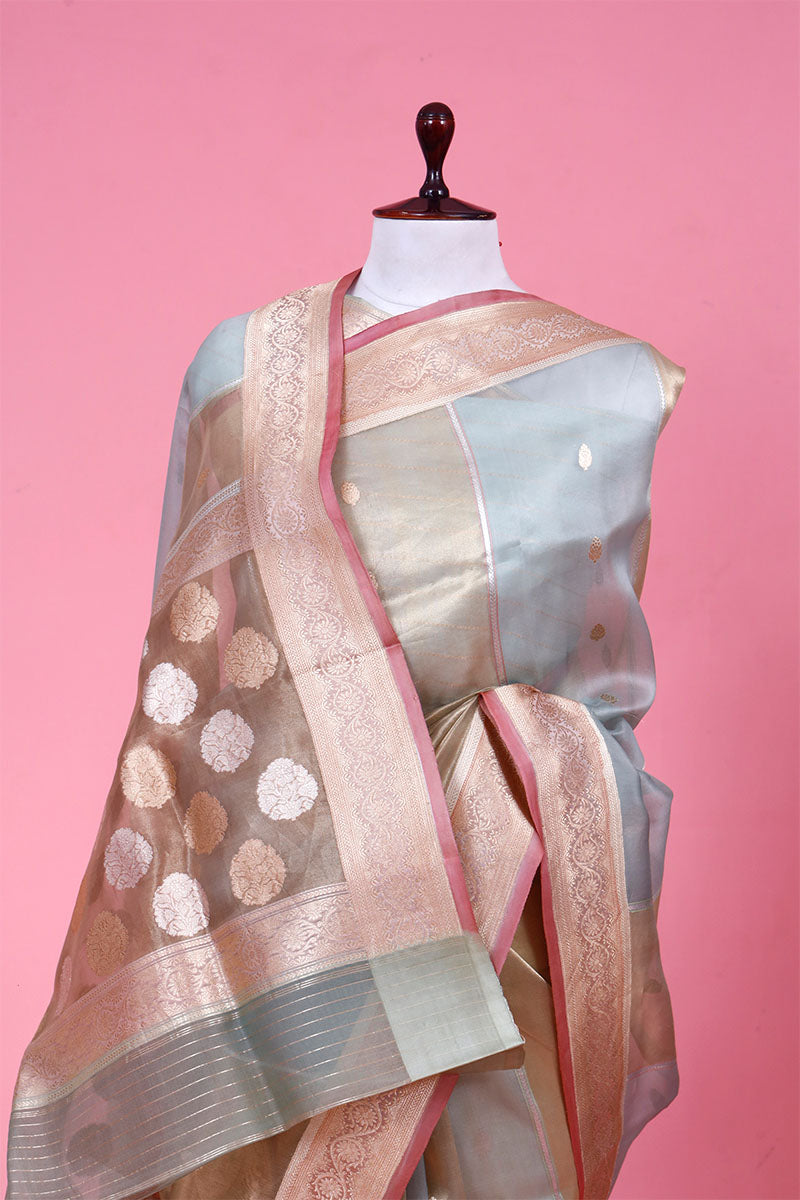 Grey Rangkat Tissue Saree with Floral Border