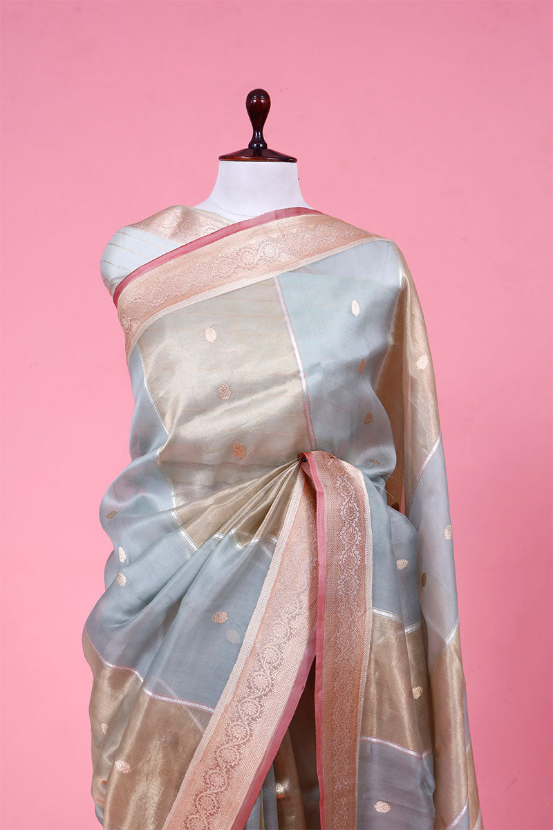 Grey Rangkat Tissue Saree with Floral Border