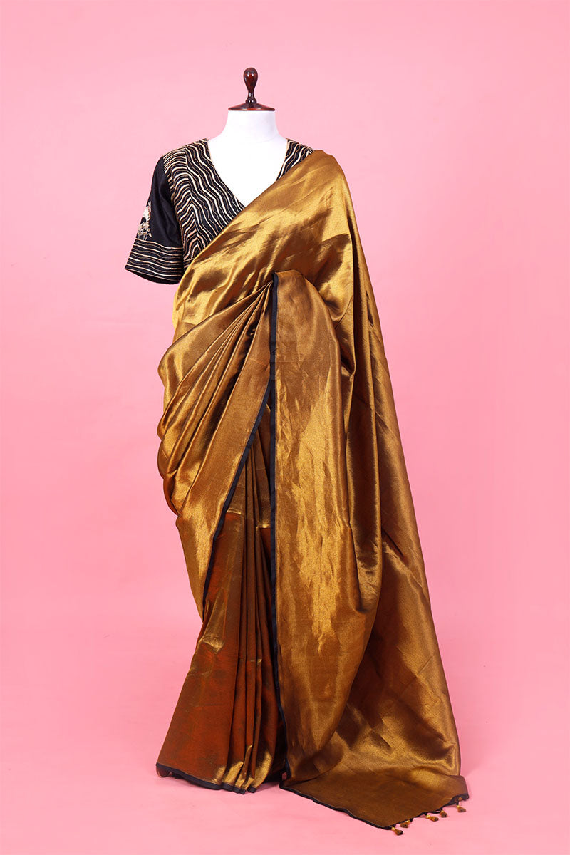 Copper Gold Banarasi Katan Saree with Black Hand-Embroidered Blouse