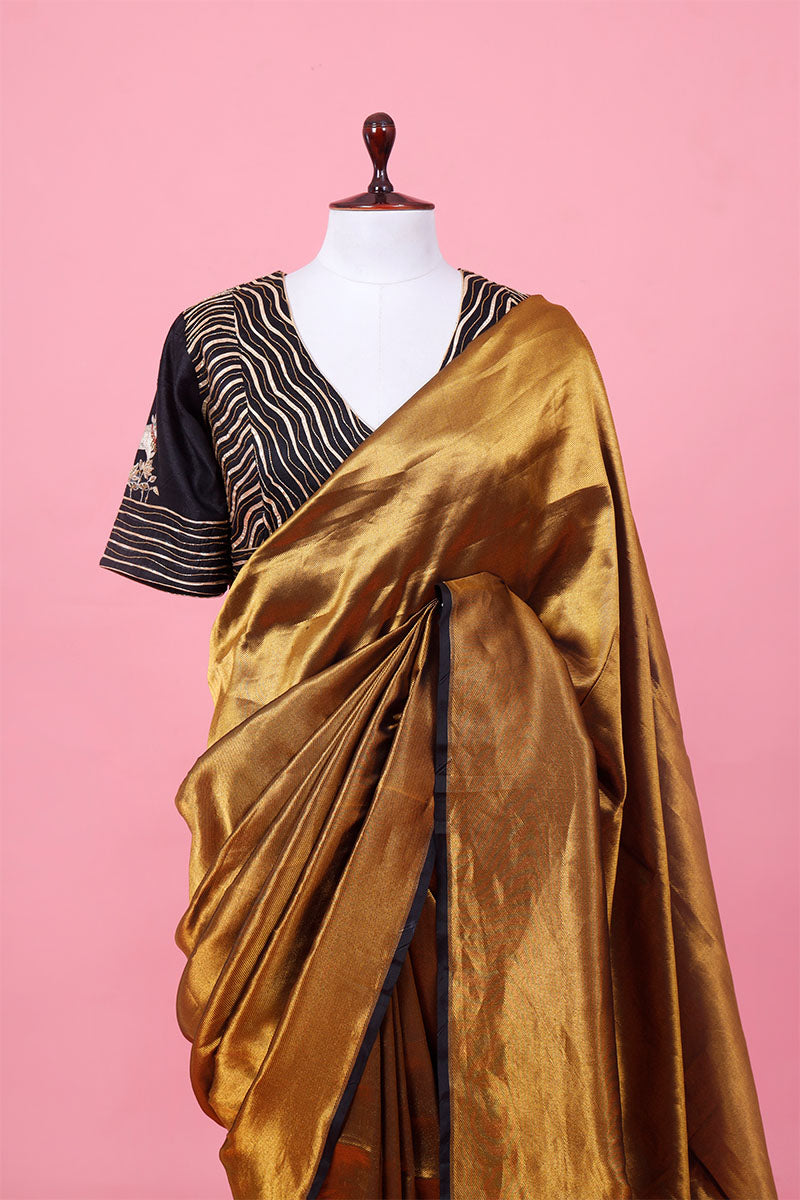 Copper Gold Banarasi Katan Saree with Black Hand-Embroidered Blouse