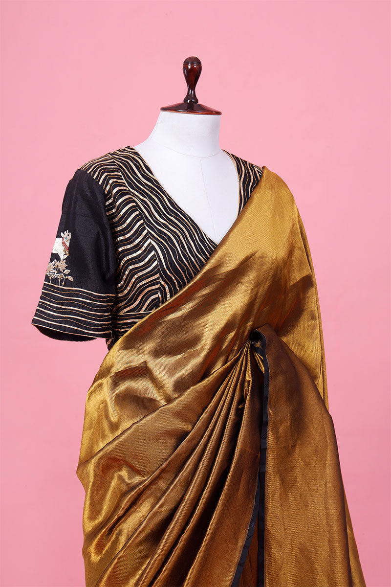 Copper Gold Banarasi Katan Saree with Black Hand-Embroidered Blouse