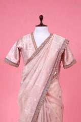 Baby Pink Handloom Banarasi Tissue Silk Saree with Scalloped Lace Border